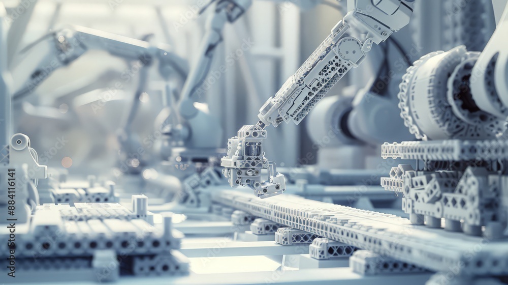 Aufkleber capture a futuristic assembly line where robots are 3d printing and assembling complex structures, s
