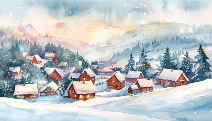 A winter scene with a village of houses and a church