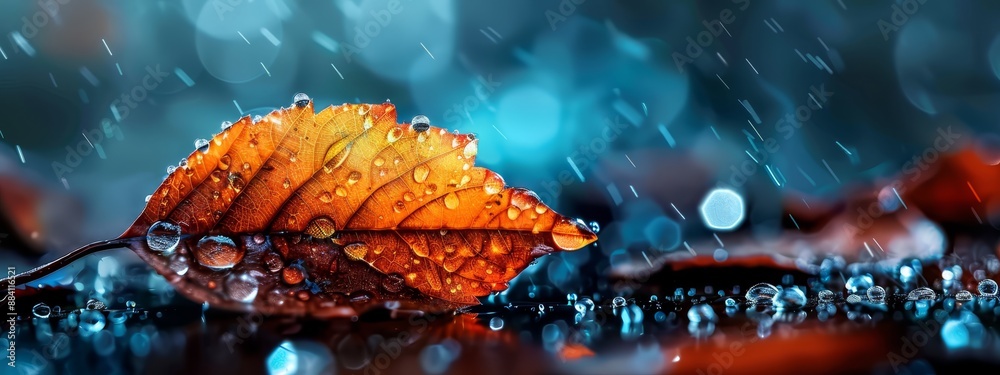 Canvas Prints  A tight shot of a wet leaf, water drops clinging to its surface, against a backdrop of a blue sky