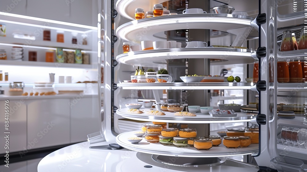 Poster capture a futuristic pantry with automated shelving that rotates and organizes food items based on u