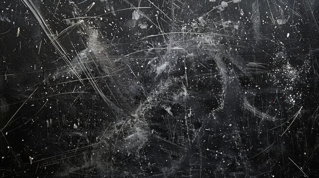 A chaotic arrangement of white scratches covering a black surface, creating an abstract piece that suggests intense usage and time's relentless impact on materials.