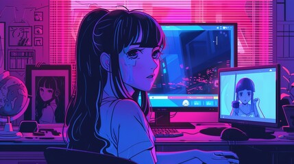 An anime girl working at a futuristic digital workstation, surrounded by high-tech monitors and devices with neon lighting and cyberpunk decor in the background.