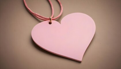 A pink heart-shaped tag or pendant hanging from a pink string or cord