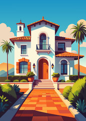 Fototapeta premium front view of baeautiful white and black Spanish style home with dark brown accents, paver driveway, cinematic, Nikon D850 camera