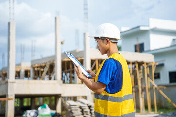 An architect, wearing a hardhat and safety vest, checks a laptop and house plan paper on a...