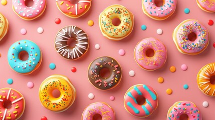 Scrumptious Display of Assorted Donuts in Vivid Colors and Toppings