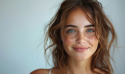 Fototapeta premium A pretty woman smiles against a white background in this portrait.