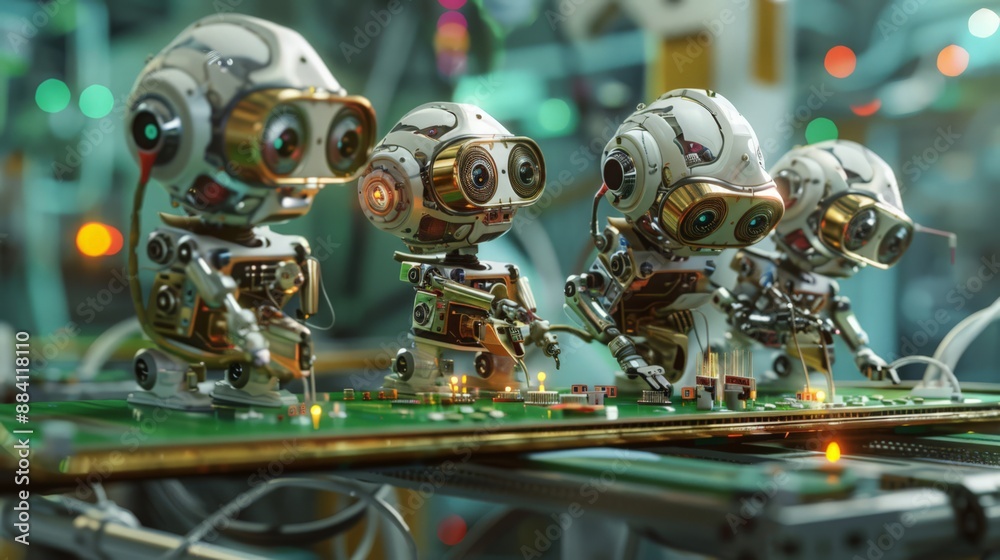Poster capture a scene of robots on an electronics production line, soldering circuit boards and assembling