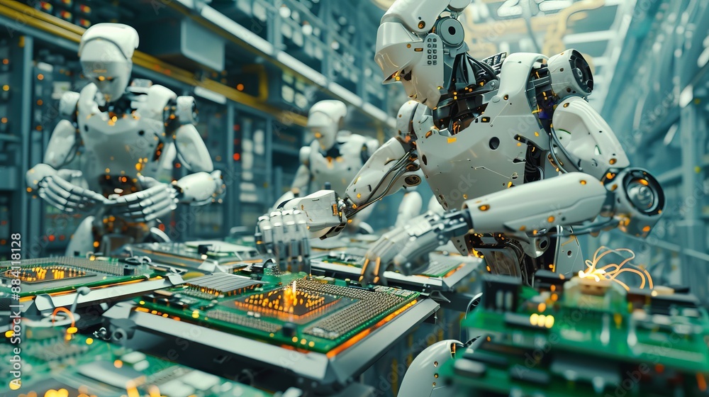 Poster capture a scene of robots on an electronics production line, soldering circuit boards and assembling