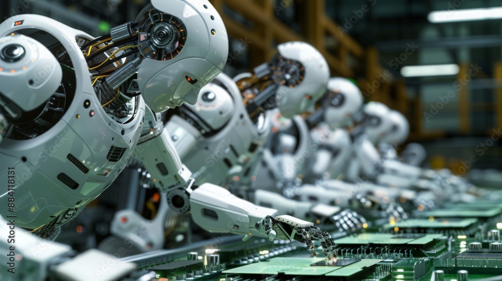 Poster capture a scene of robots on an electronics production line, soldering circuit boards and assembling