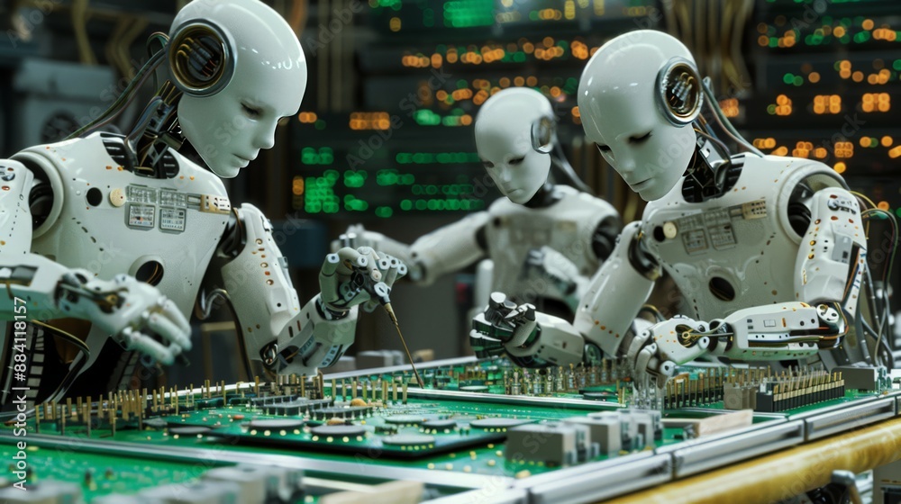 Poster capture a scene of robots on an electronics production line, soldering circuit boards and assembling