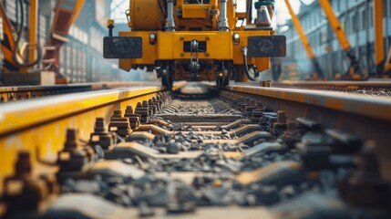 Capture a scene where robots are laying railway tracks with high precision. Emphasize the advancements in robotics