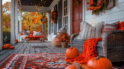 Cozy Autumn Themed Front Porch with Wreaths Pumpkins and Blankets for a Welcoming Harvest Season