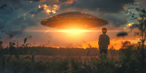 Fototapeta premium Man observing UFO in sky during alien invasion retro style back view. Concept UFO Sightings, Retro Style, Alien Invasion, Sky Observation, Back View