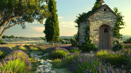 Naklejka premium A tranquil garden with a small stone chapel, surrounded by lavender fields and ancient trees, creating a peaceful retreat.