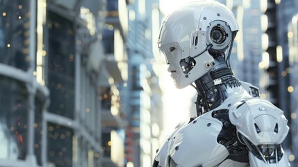 Capture robots installing high-tech security systems and smart building infrastructure within a high-rise, ensuring safety and connectivity.