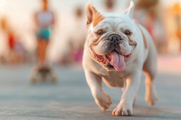 Happy Bulldog runs towards the camera with its tongue out