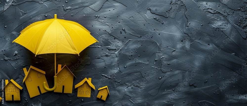 Canvas Prints  A yellow umbrella atop a gray wall, adjacent to a house carved into the building's side