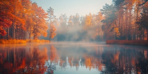 Peaceful Autumn Morning with Foggy Lake Surrounded by Vibrant Fall Foliage
