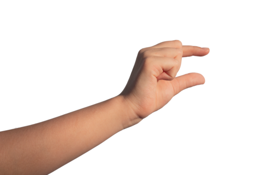 Childs hand holding something invisible little, small thing between two fingers, isolated on white background., transparent PNG