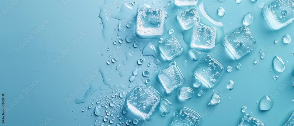 Wall mural  A collection of ice cubes atop a blue backdrop, adorned with water droplets