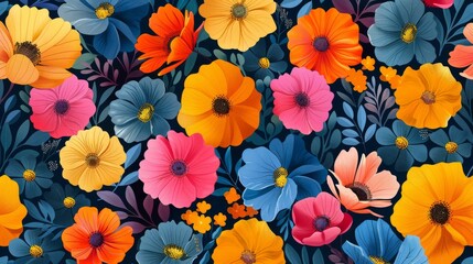 Fototapeta premium Vibrant and colorful floral pattern with a variety of flowers in pink, orange, yellow, and blue.