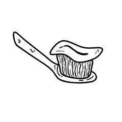 Hand-drawn toothbrush with toothpaste, oral hygiene, black and white illustration.