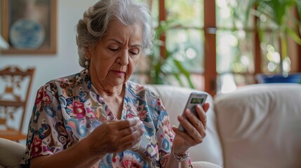A woman with white hair and a colorful blouse carefully checks her blood sugar levels using a device, portraying a moment of health management in her cozy living room.