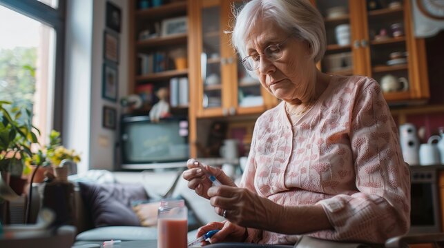 An elderly woman in a cozy living room is carefully preparing her medication, reflecting an everyday moment of care and self-maintenance, surrounded by a homely environment.