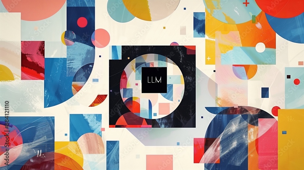 Poster abstract illustration of a large black box with llm letters, surrounded by colorful shapes, symboliz