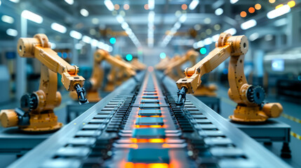 Fototapeta premium Modern robotic plant for the production of semiconductor chips. Technological robotic manipulators are installed in a production plant. Industry, technology concept.