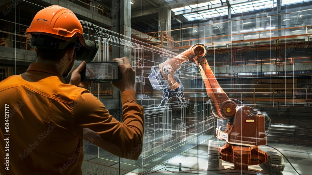 Poster capture the integration of augmented reality in construction robotics, aiding in design visualizatio