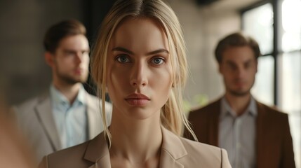 Obraz premium A focused businesswoman stands in the foreground, flanked by two men blurred in the background, symbolizing leadership, confidence, and teamwork in a modern corporate setting.