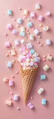 An ice cream cone is lying on its side, filled with many colorful marshmallows in pastel colors against a pink background
