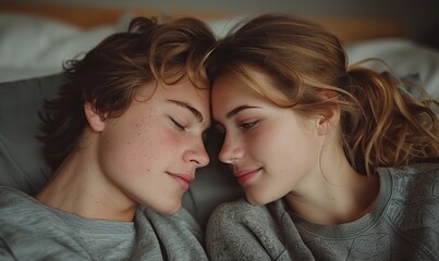 A romantic couple in love, boyfriend and girlfriend, lying on a bed kissing.