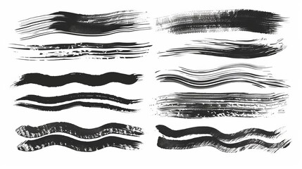 This image displays a range of black brush strokes featuring both rough and smooth textures, suitable for enhancing artistic projects with a touch of raw energy.