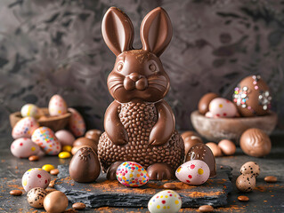 Chocolate bunny surrounded by colorful decorated Easter eggs on dark rustic background, festive holiday treats.