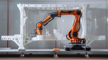Capture the process of a robot 3D printing walls and structural elements, emphasizing the innovation and versatility of additive manufacturing in home building.