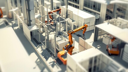Capture the process of robotic arms precisely placing prefabricated modular units, highlighting the speed and efficiency of constructing a future high-rise building.