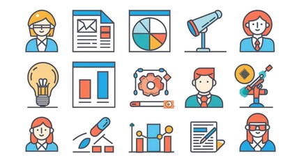 Colorful illustrated icons convey diverse business concepts such as communication, analysis, innovation, exploration, research, teamwork, and management, ideal for presentations.