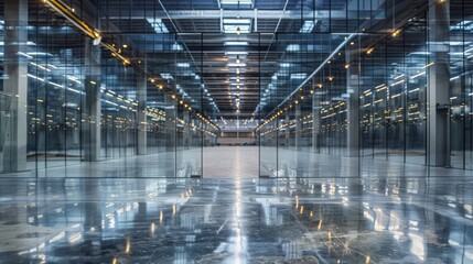 Capture the reflection and mirroring effects in warehouse interiors, utilizing polished surfaces and glass partitions.