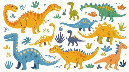 This image features various colorful cartoon dinosaurs in different poses and sizes on a white background, designed with playful and cheerful elements for children.