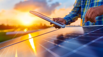 Close-up of Technician Analyzing Data on Solar-Powered Monitoring System for Renewable Energy Use