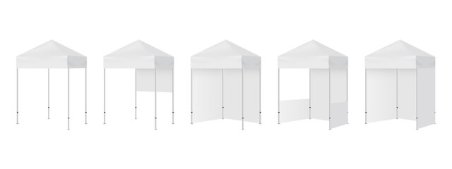 Small Pop Up Canopy Tents Set, for Trade Show, Business Events, Markets and Sport Events, Side View, Isolated On White Background. Vector Illustration
