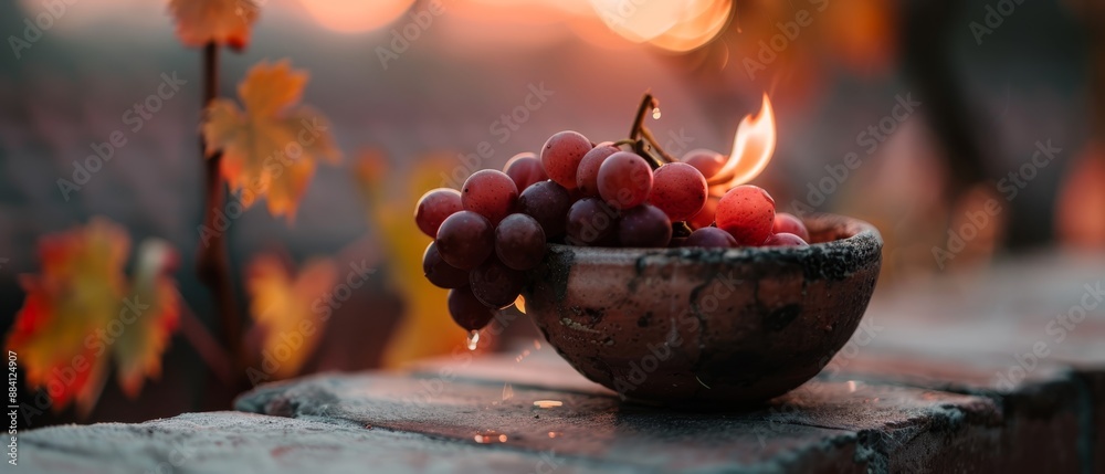 Poster  A bowl full of red grapes sits atop a weathered wooden table Nearby, a lush green planter adorns the scene