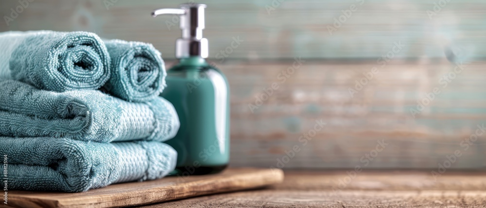 Wall mural  A stack of towels and a soap dispenser sit on a wooden table, facing a wooden wall