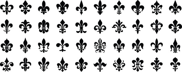 Set of Fleur de Lys symbols or Fleur de Lis vector icon ornament Silhouette. Flower Lily Royal Medieval Heraldic french symbol. Classic emblems illustration. Stock clip art © drilling in the dark
