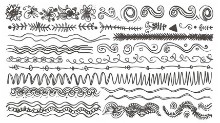A collection of diverse doodle elements and patterns featuring swirls, waves, zigzags, flowers, arrows, and decorative lines perfect for creative design use.