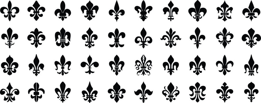 Set of Fleur de Lys symbols or Fleur de Lis vector icon ornament Silhouette. Flower Lily Royal Medieval Heraldic french symbol. Classic emblems illustration. Stock clip art