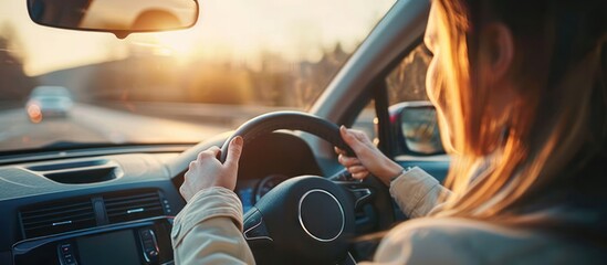 Woman Driving a Car at Sunset